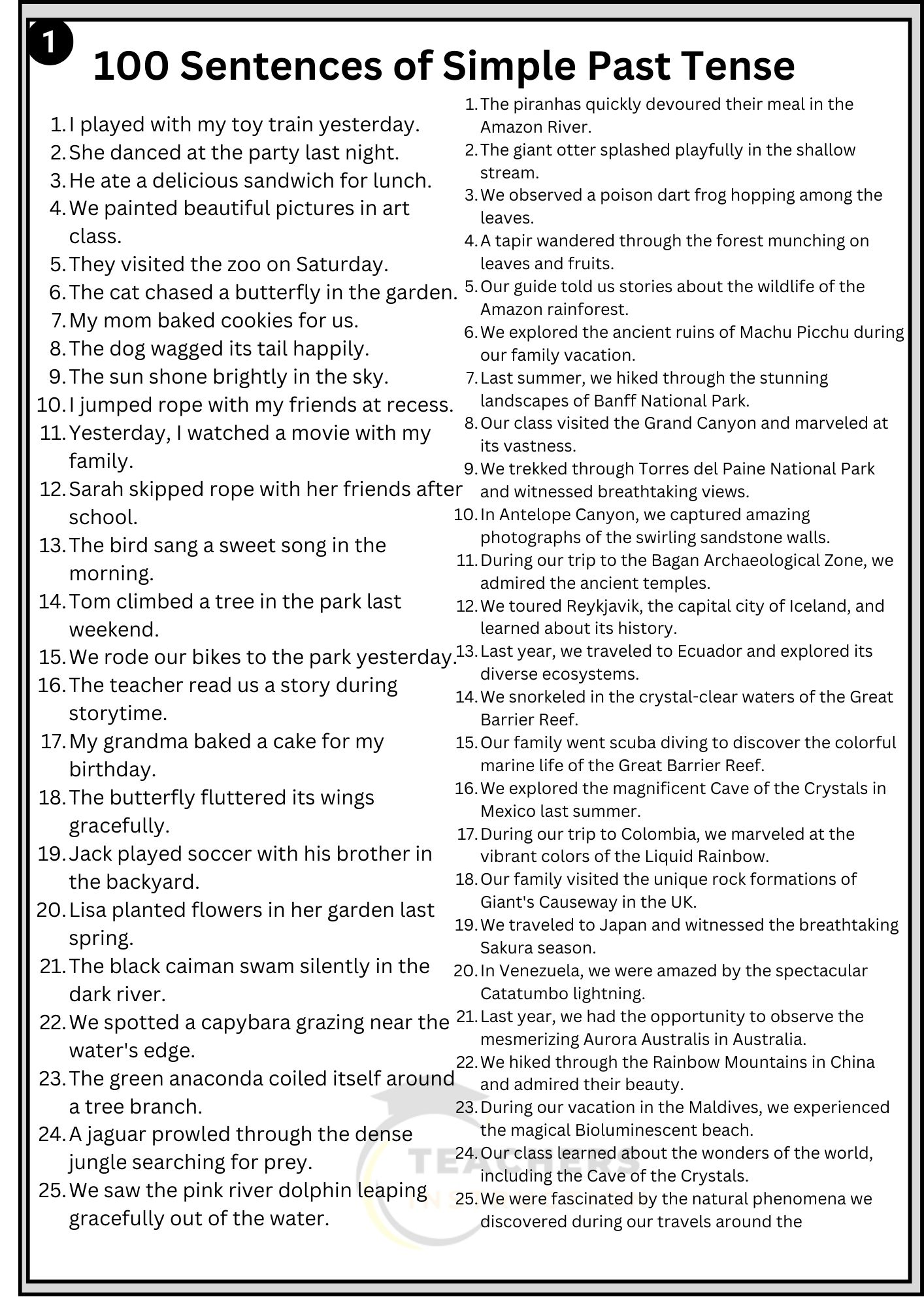 100 Sentences of Simple Past Tense - Easy Worksheet