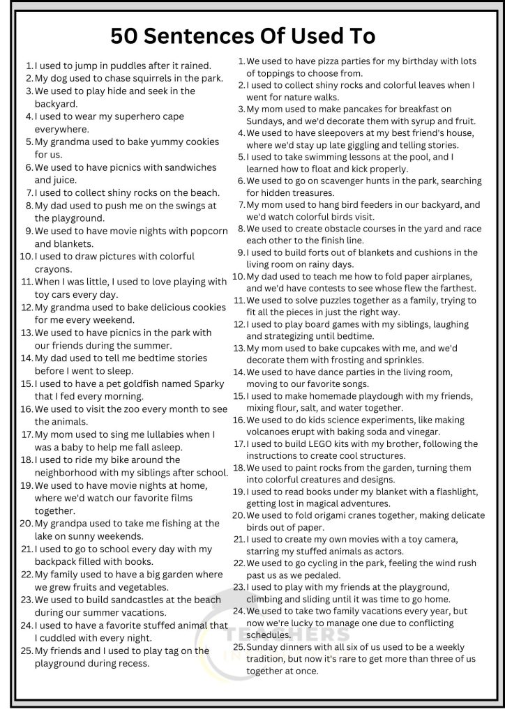 50 Sentences Of Used To