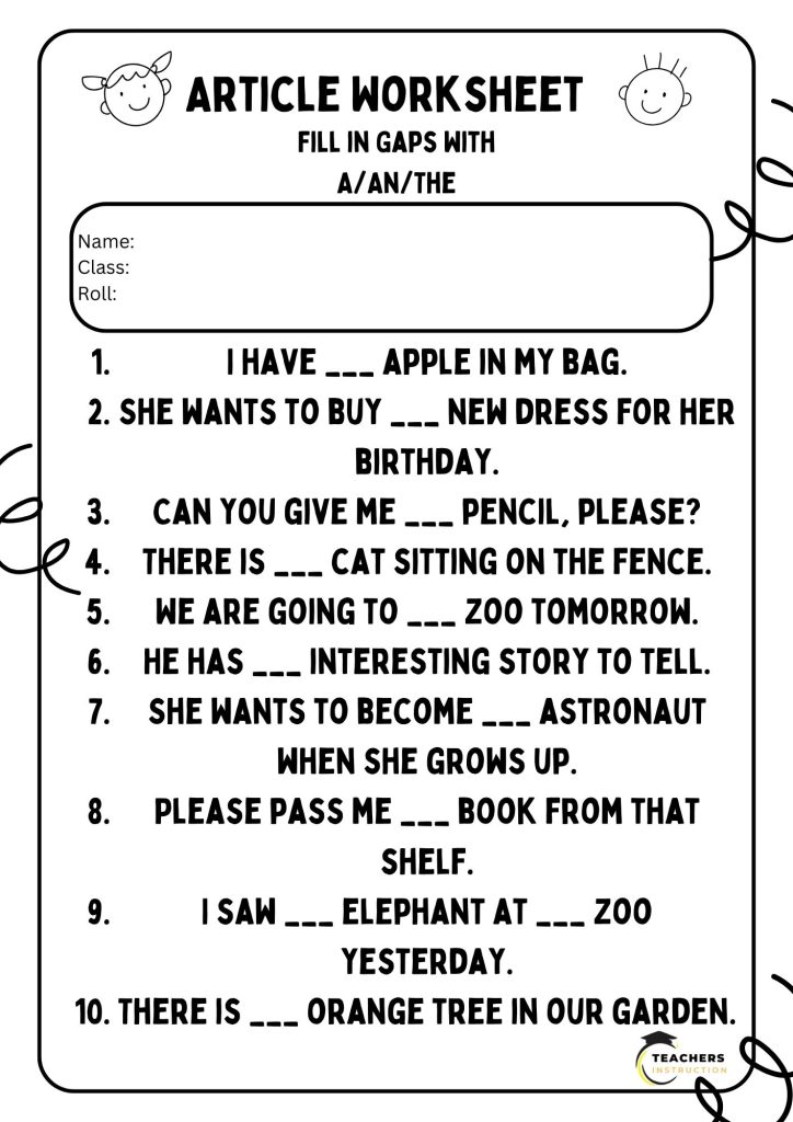 Article Worksheet For Class 3