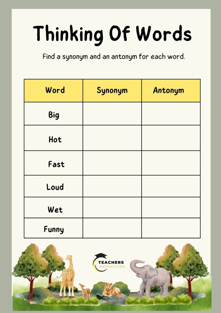 Synonym Antonym Worksheet 