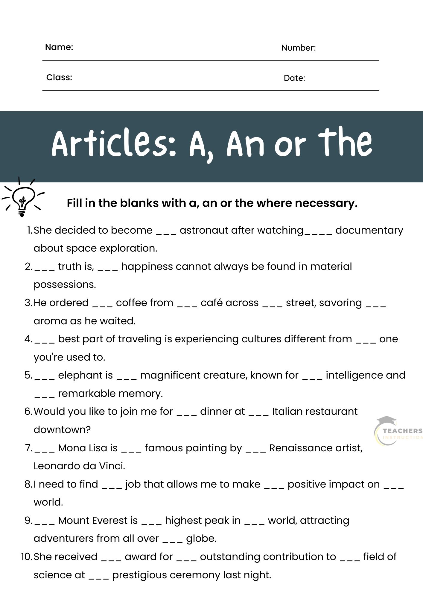 article worksheet for grade 2 with answers