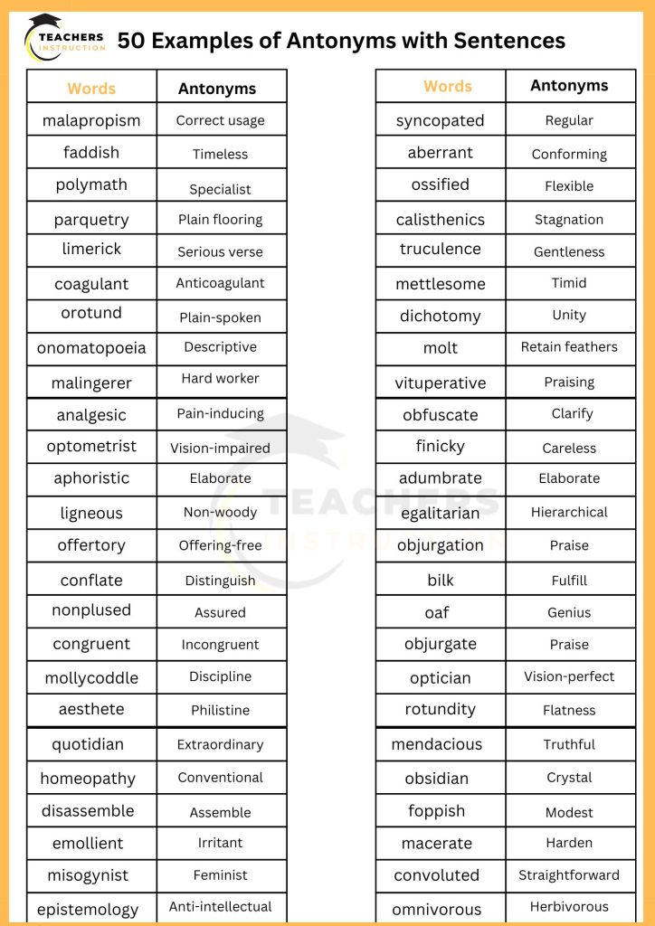 50 Examples of Antonyms with Sentences