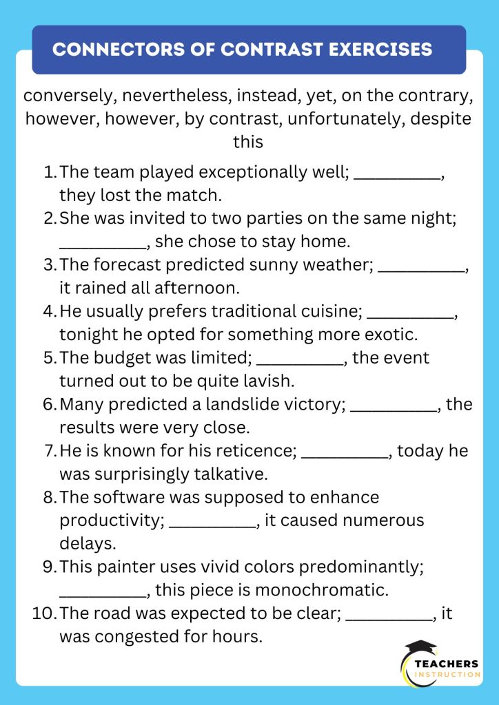 Connectors Of Contrast Exercises