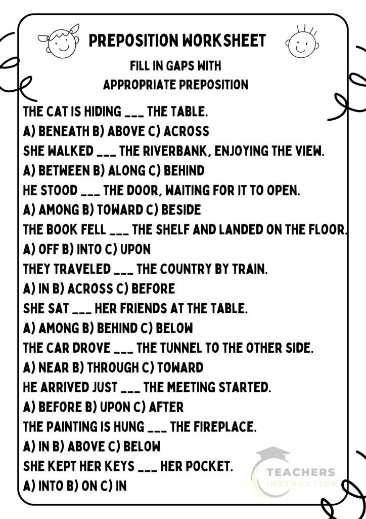 Preposition Worksheet For Class 2