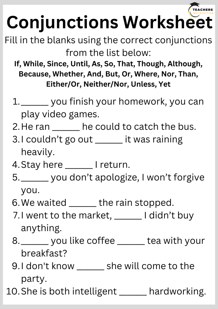 Conjunctions Worksheet